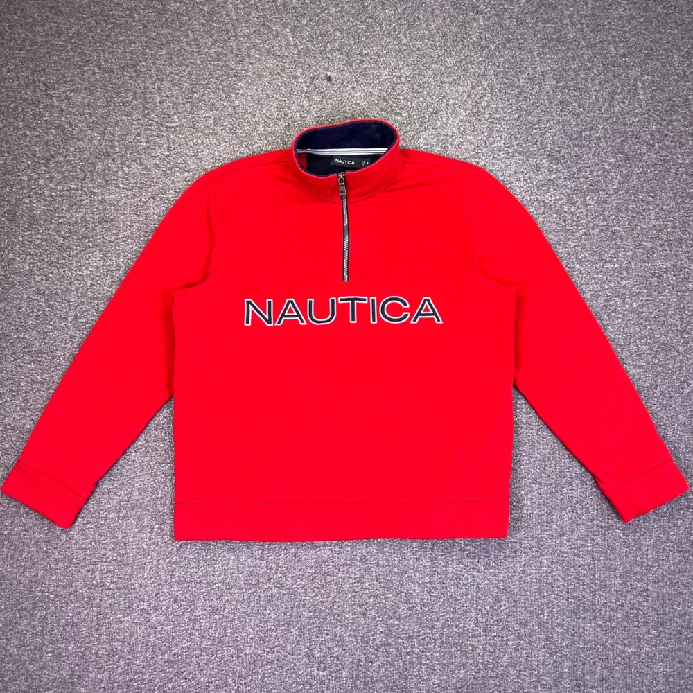 Nautica Quarter Zip Pullover Mens M Red Sporty Casual Embroidered Logo Fleece
